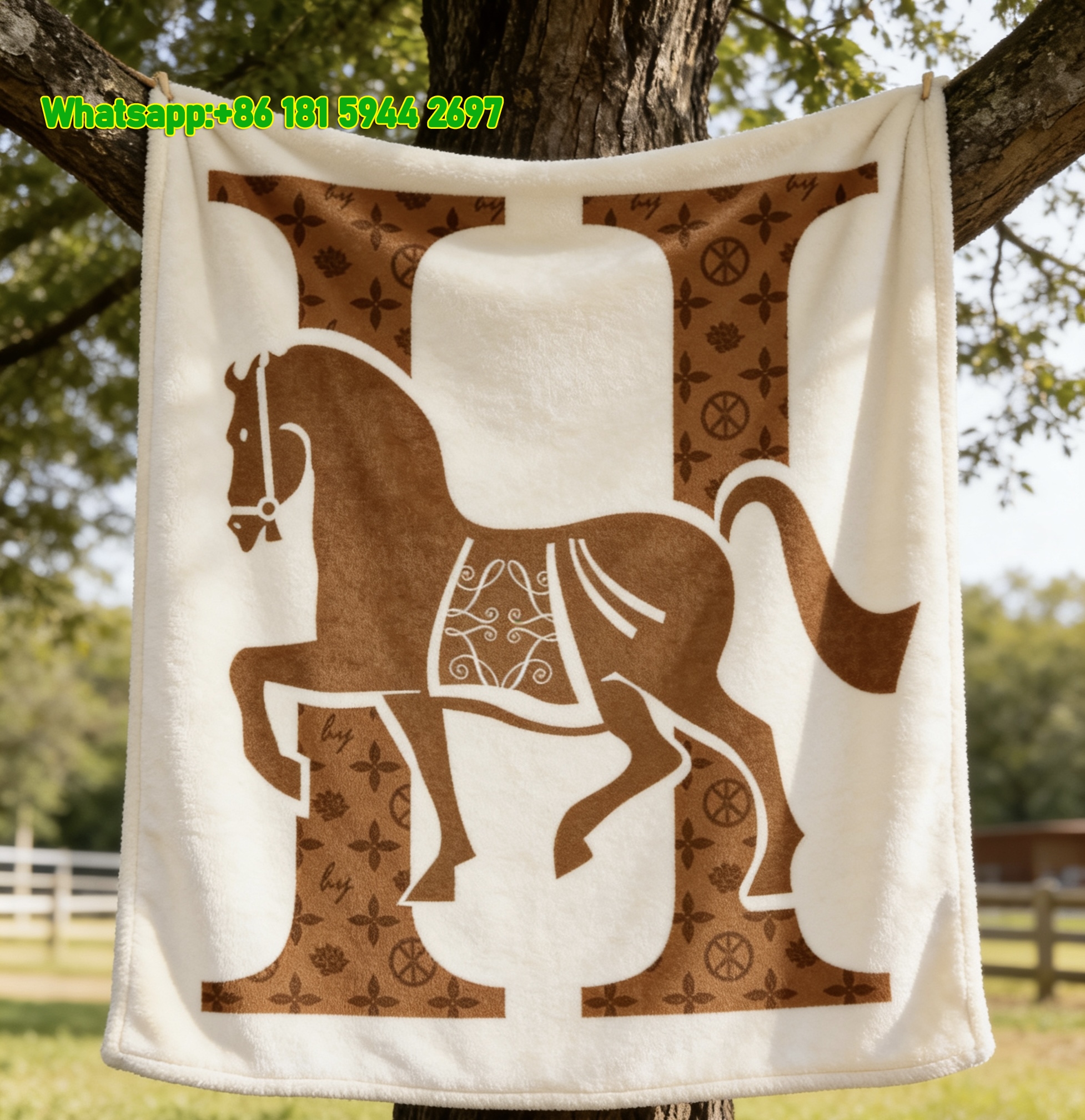 Hermès H Logo & Equestrian Horse Flannel Fleece Throw Blanket IMG_5011